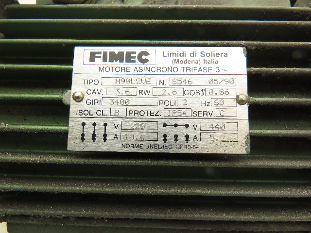 Fimec H90L2VE Metric AC Motor 2.6kW 3400 RPM 230/460V 3PH IEC 90 Frame