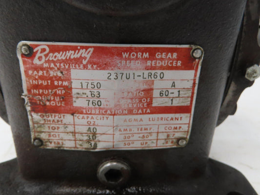 Browning 237U1-LR60 Worm Gearbox 60:1 Reducer .63Hp 29rpm Dual Output