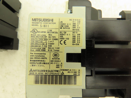 Mitsubishi Electric S-N11 Contactor 7.5Hp 20A 600VAC Lot of 3