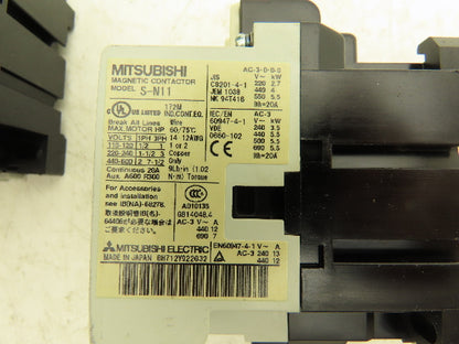 Mitsubishi Electric S-N11 Contactor 7.5Hp 20A 600VAC Lot of 3