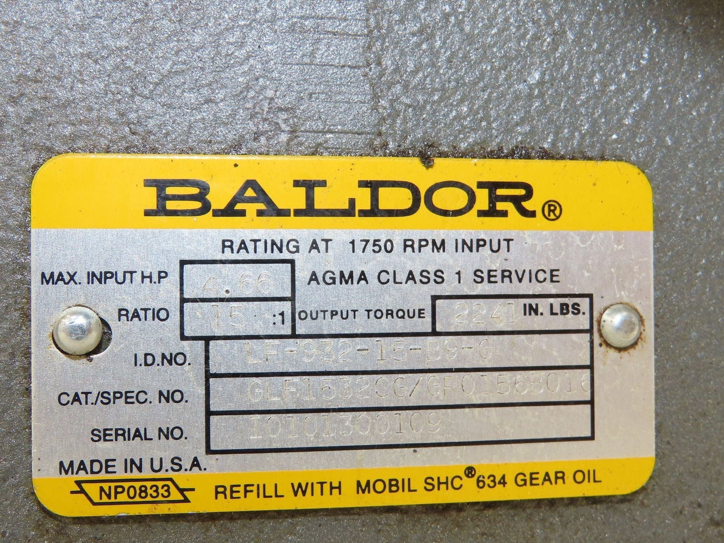 Baldor VM3611T Gearmotor 3Hp 230/460V 3PH 15:1 Reducer 115rpm LH Output 182TC