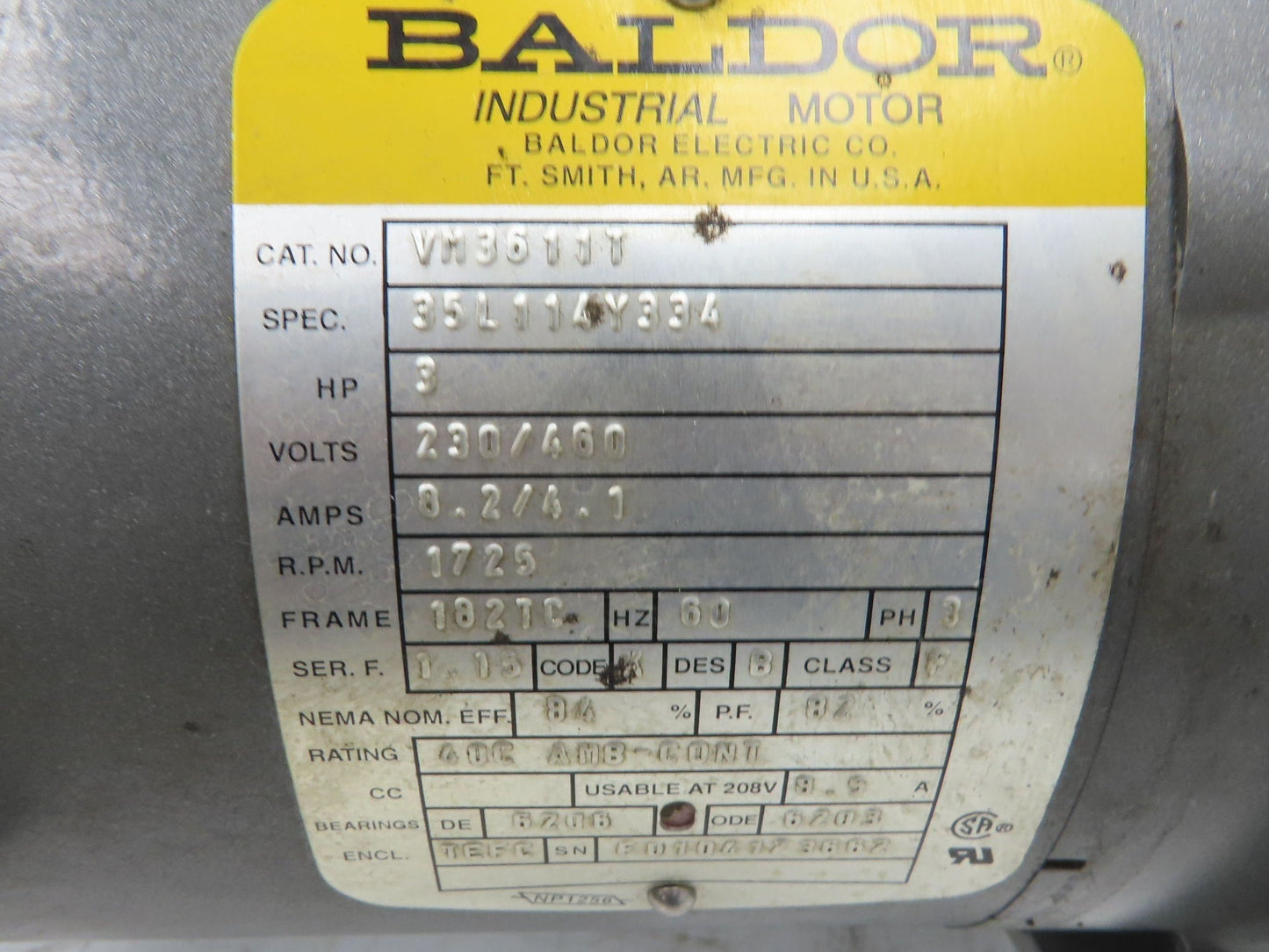 Baldor VM3611T Gearmotor 3Hp 230/460V 3PH 10:1 Reducer 173rpm RH Output 182TC