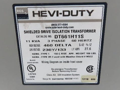 Hevi-Duty Shielded Drive Isolation Transformer 11kva HV 460 Delta LV 230Y/133