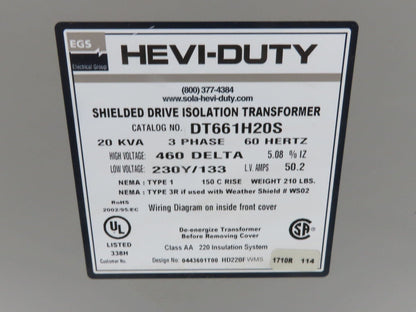 Hevi-Duty Shielded Isolation Transformer 20kva 3ph HV 460 Delta LV 230Y/133