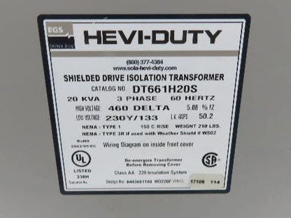 Hevi-Duty Shielded Isolation Transformer 20kva 3ph HV 460 Delta LV 230Y/133