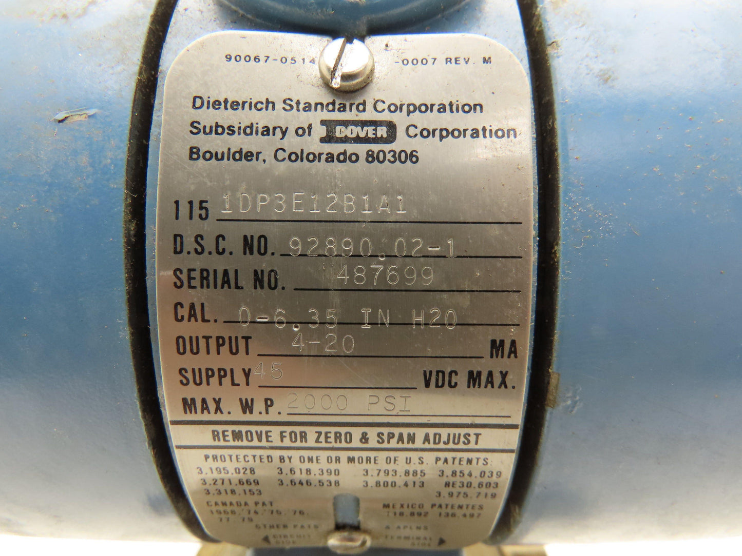 Dieterich 1DP3E12B1A1 Differential Pressure Transmitter 0-6.35 IN-H2O 45vdc Max