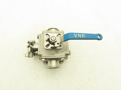 VNE 68-00 2" Sanitary Tri-Clamp Ball Valve 3-Way Stainless with 1 Cap and Clamp