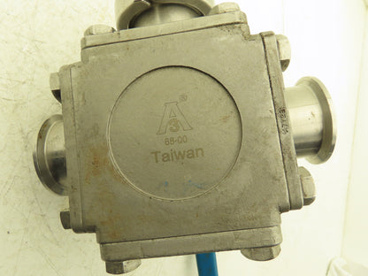 VNE 68-00 2" Sanitary Tri-Clamp Ball Valve 3-Way Stainless with 1 Cap and Clamp