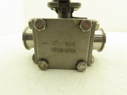VNE 68-00 2" Sanitary Tri-Clamp Ball Valve 3-Way Stainless with 1 Cap and Clamp