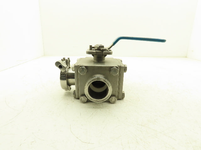 VNE 68-00 2" Sanitary Tri-Clamp Ball Valve 3-Way Stainless with 1 Cap and Clamp