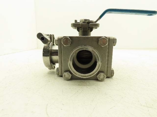 VNE 68-00 2" Sanitary Tri-Clamp Ball Valve 3-Way Stainless with 1 Cap and Clamp