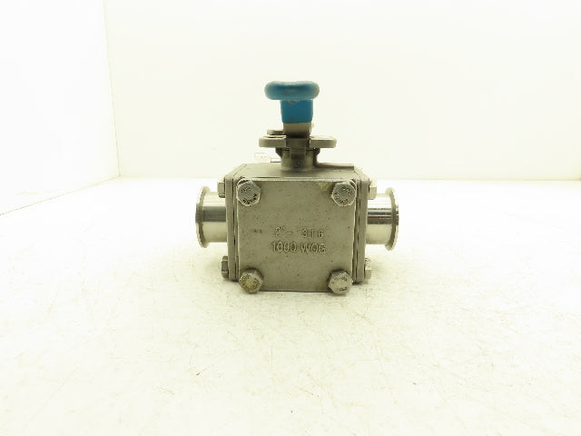 VNE 68-00 2" Sanitary Tri-Clamp Ball Valve 3-Way Stainless with 1 Cap and Clamp