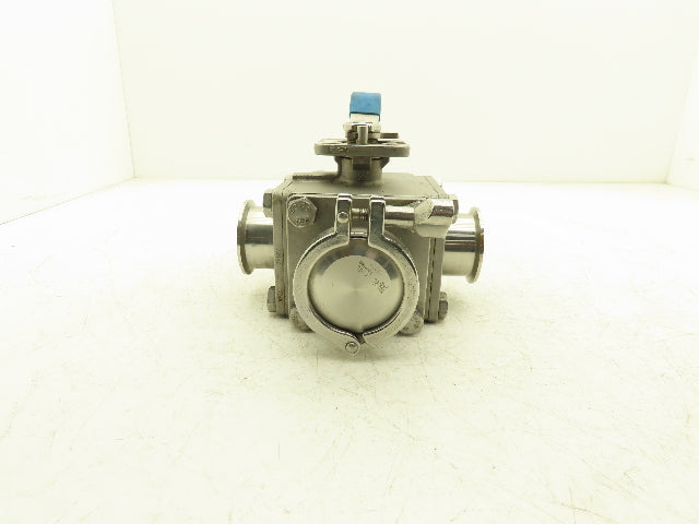 VNE 68-00 2" Sanitary Tri-Clamp Ball Valve 3-Way Stainless with 1 Cap and Clamp