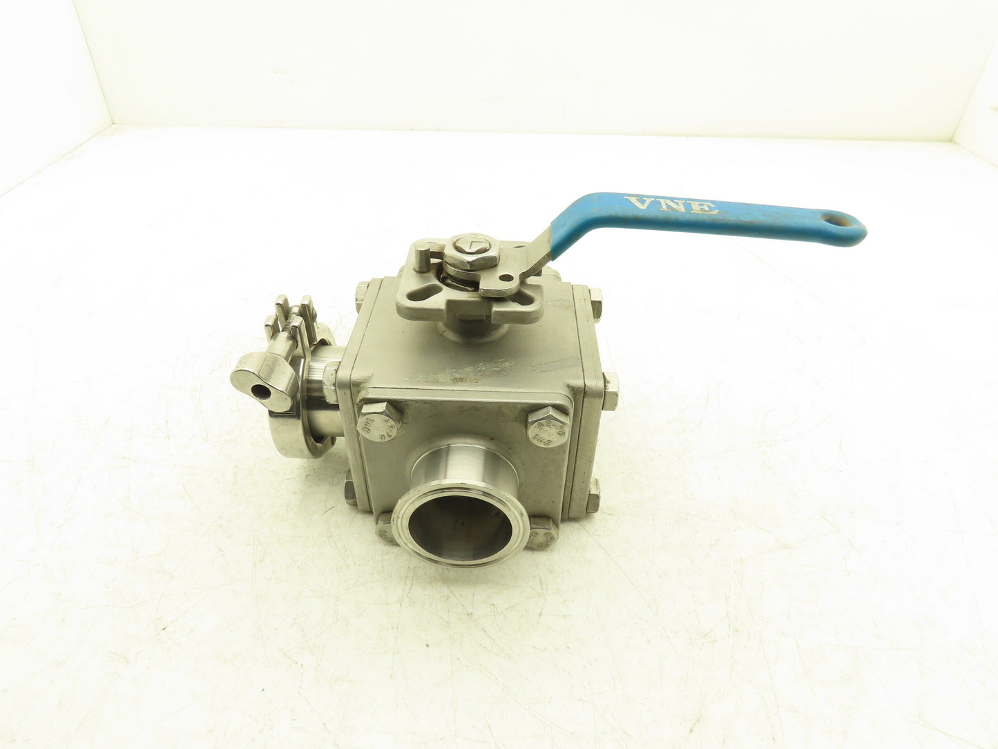VNE 68-00 2" Sanitary Tri-Clamp Ball Valve 3-Way Stainless with 1 Cap and Clamp