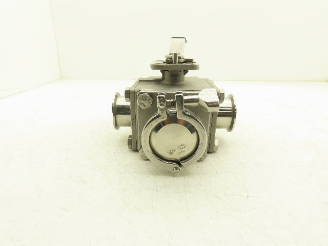 VNE 68-00 2" Sanitary Tri-Clamp Ball Valve 3-Way Stainless with 1 Cap and Clamp