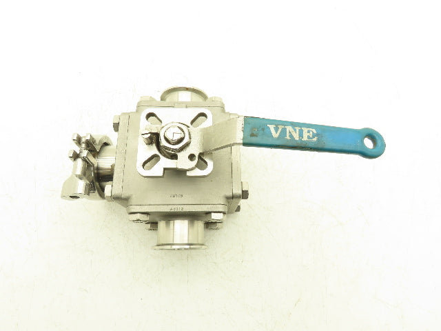 VNE 68-00 2" Sanitary Tri-Clamp Ball Valve 3-Way Stainless with 1 Cap and Clamp