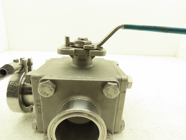 VNE 68-00 2" Sanitary Tri-Clamp Ball Valve 3-Way Stainless with 1 Cap and Clamp