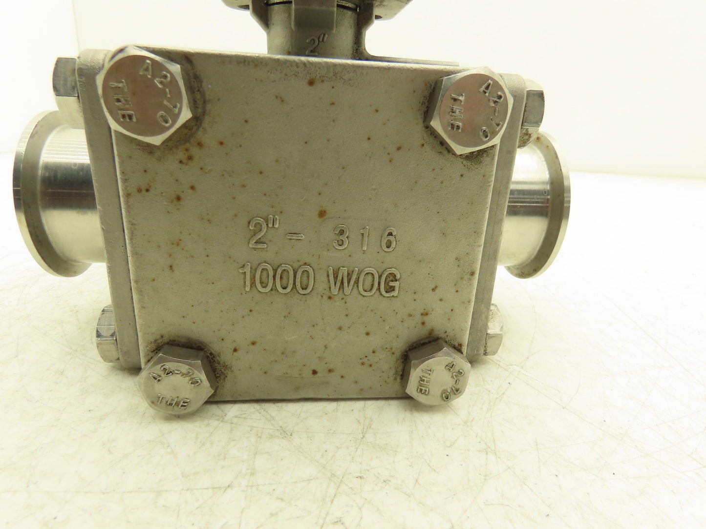 VNE 68-00 2" Sanitary Tri-Clamp Ball Valve 3-Way Stainless with 1 Cap and Clamp