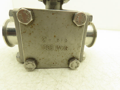 VNE 68-00 2" Sanitary Tri-Clamp Ball Valve 3-Way Stainless with 1 Cap and Clamp