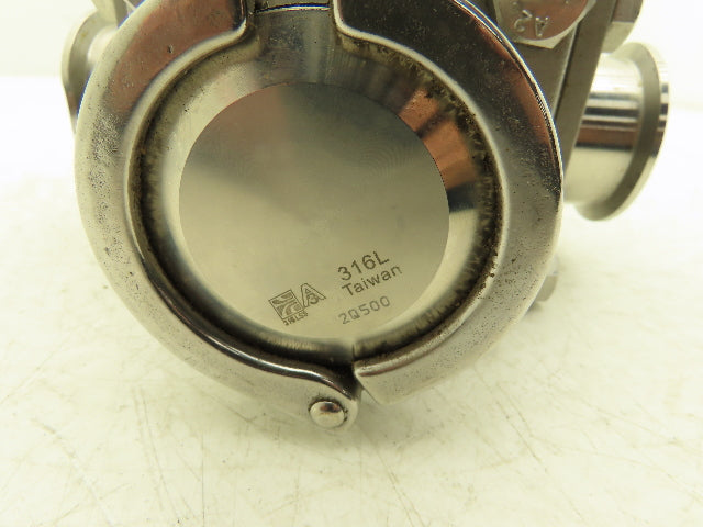 VNE 68-00 2" Sanitary Tri-Clamp Ball Valve 3-Way Stainless with 1 Cap and Clamp