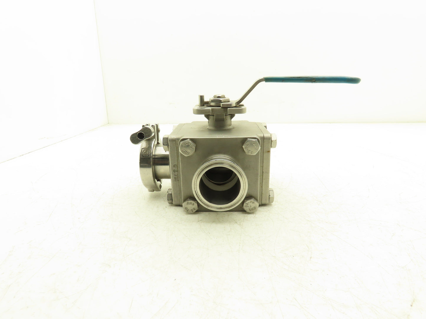 VNE 68-00 2" Sanitary Tri-Clamp Ball Valve 3-Way Stainless with 1 Cap and Clamp