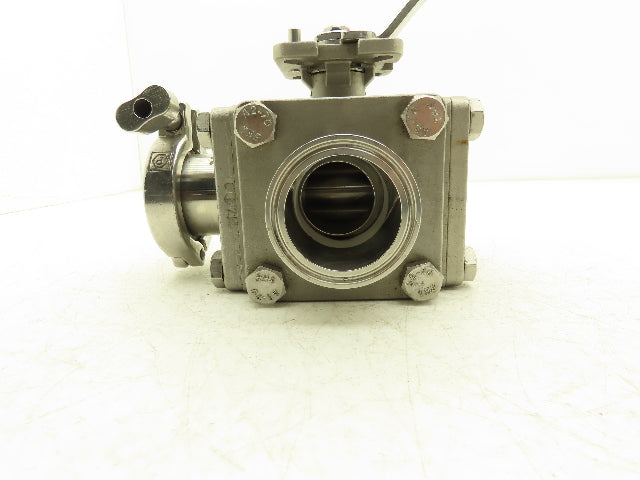 VNE 68-00 2" Sanitary Tri-Clamp Ball Valve 3-Way Stainless with 1 Cap and Clamp