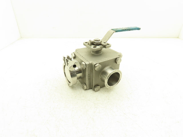 VNE 68-00 2" Sanitary Tri-Clamp Ball Valve 3-Way Stainless with 1 Cap and Clamp