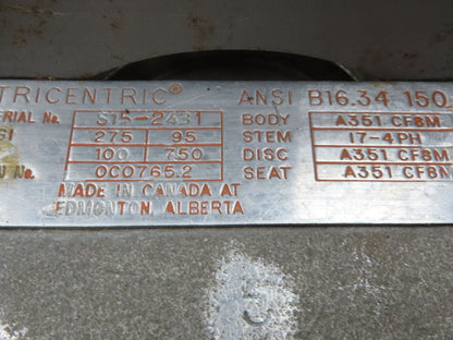Tricentric B16.34 12" Butterfly Wafer Valve With Hytork 4580 Pneumatic Actuator