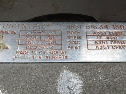 Tricentric B16.34 12" Butterfly Wafer Valve With Hytork 4580 Pneumatic Actuator