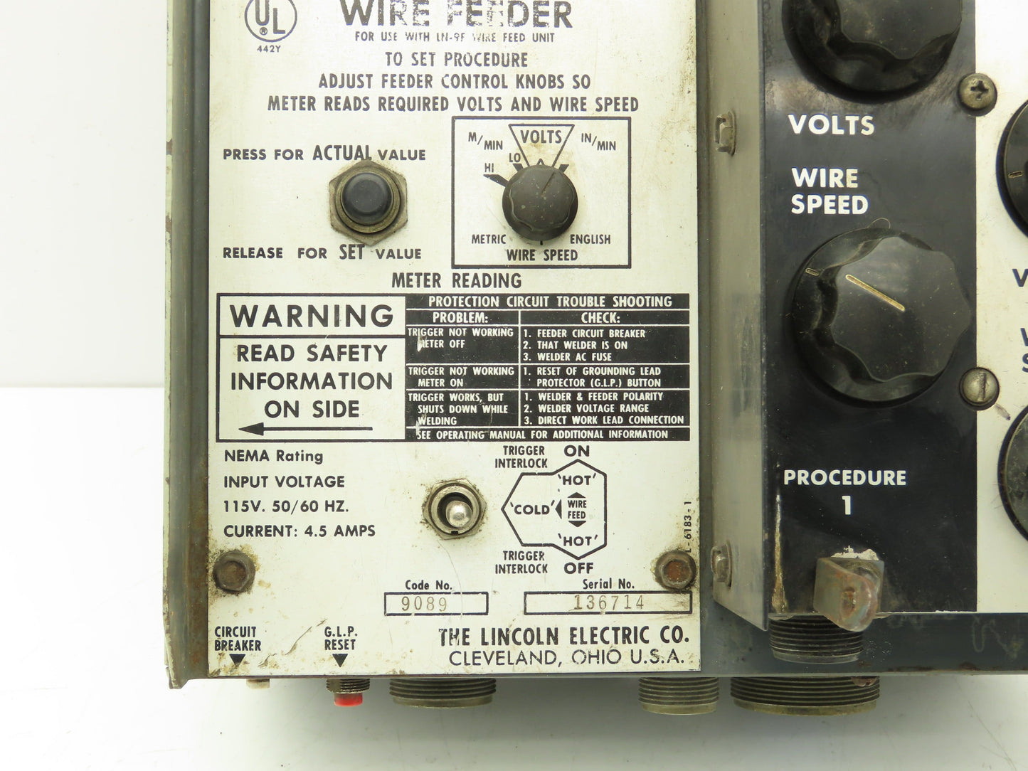 Lincoln Electric 9089 Wire Feeder Control Unit LN9-F Squirt Welder