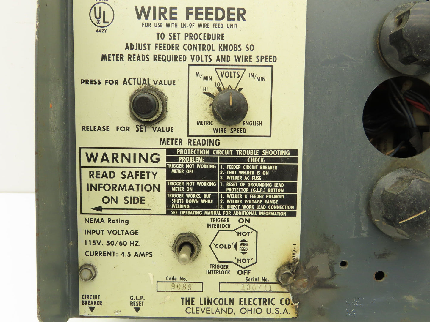 Lincoln Electric 9089 Wire Feeder Control Unit LN9-F Squirt Welder