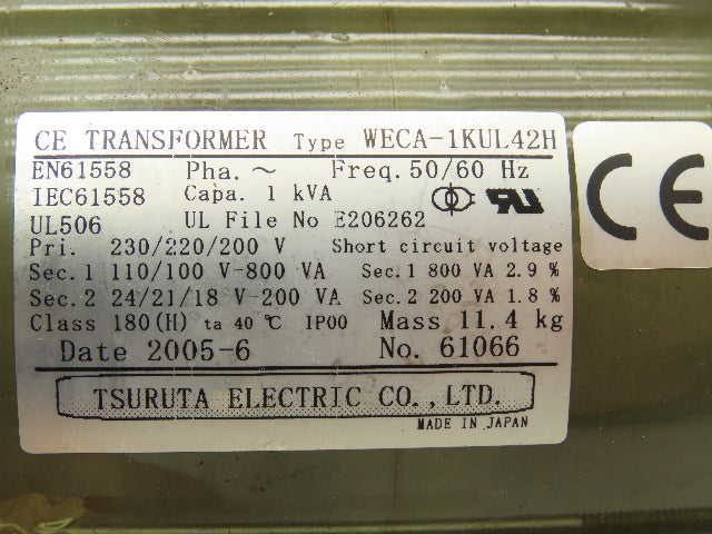 Tsuruta WECA-1KUL42H Transformer 1kVA 1Ph HV 230/220/200 LV 110/100/24/21/18