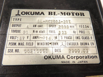 Okuma BL-MC200J-20T AC Servo Motor 4kW 2000 RPM 157V 16.2A 3PH