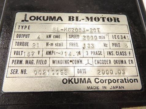 Okuma BL-MC200J-20T AC Servo Motor 4kW 2000 RPM 157V 16.2A 3PH