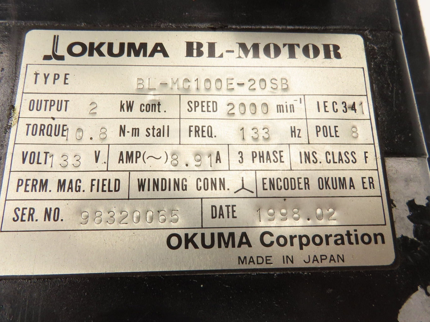 Okuma BL-MC100E-20SB AC Servo Motor 2kW 2000 RPM Encoder ER-HC-7200D