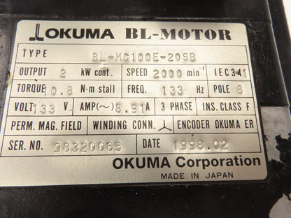 Okuma BL-MC100E-20SB AC Servo Motor 2kW 2000 RPM Encoder ER-HC-7200D