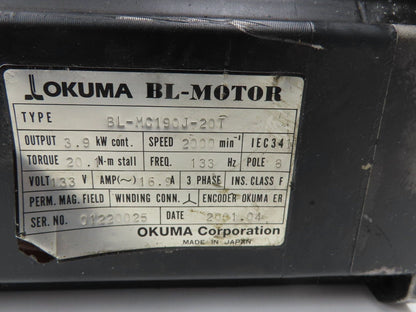 Okuma BL-MC190J-20T AC Servo Motor 3.9kW 2000 RPM 133V 16.9A 3PH Encoder