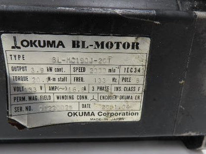 Okuma BL-MC190J-20T AC Servo Motor 3.9kW 2000 RPM 133V 16.9A 3PH Encoder