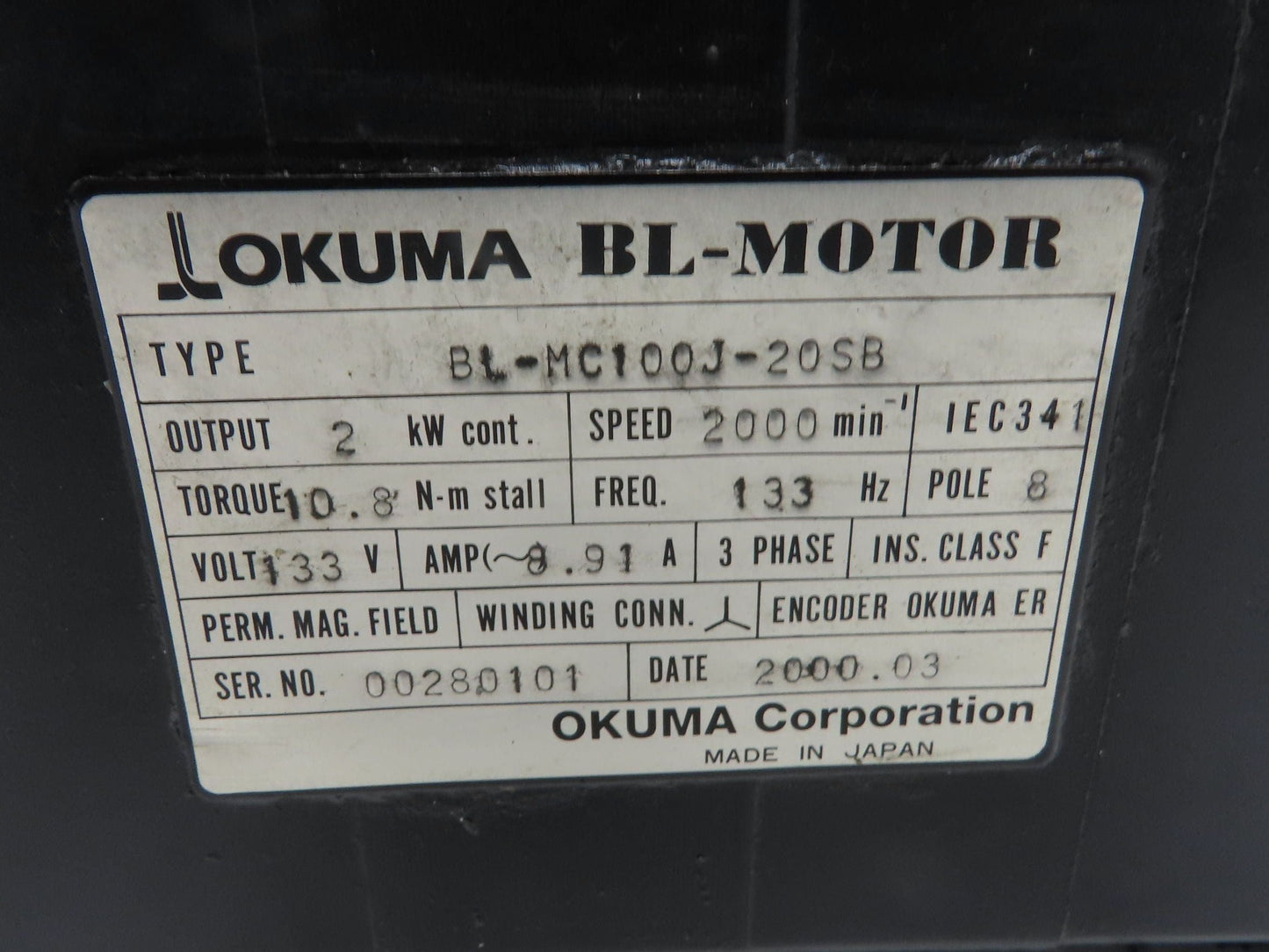 Okuma BL-MC100J-20SB AC Servo Motor 2kW 2000 RPM 133V 8.91A 3PH Encoder