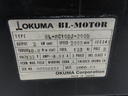 Okuma BL-MC100J-20SB AC Servo Motor 2kW 2000 RPM 133V 8.91A 3PH Encoder