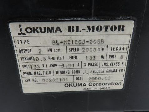 Okuma BL-MC100J-20SB AC Servo Motor 2kW 2000 RPM 133V 8.91A 3PH Encoder