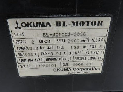 Okuma BL-MC100J-20SB AC Servo Motor 2kW 2000 RPM 133V 8.91A 3PH Encoder