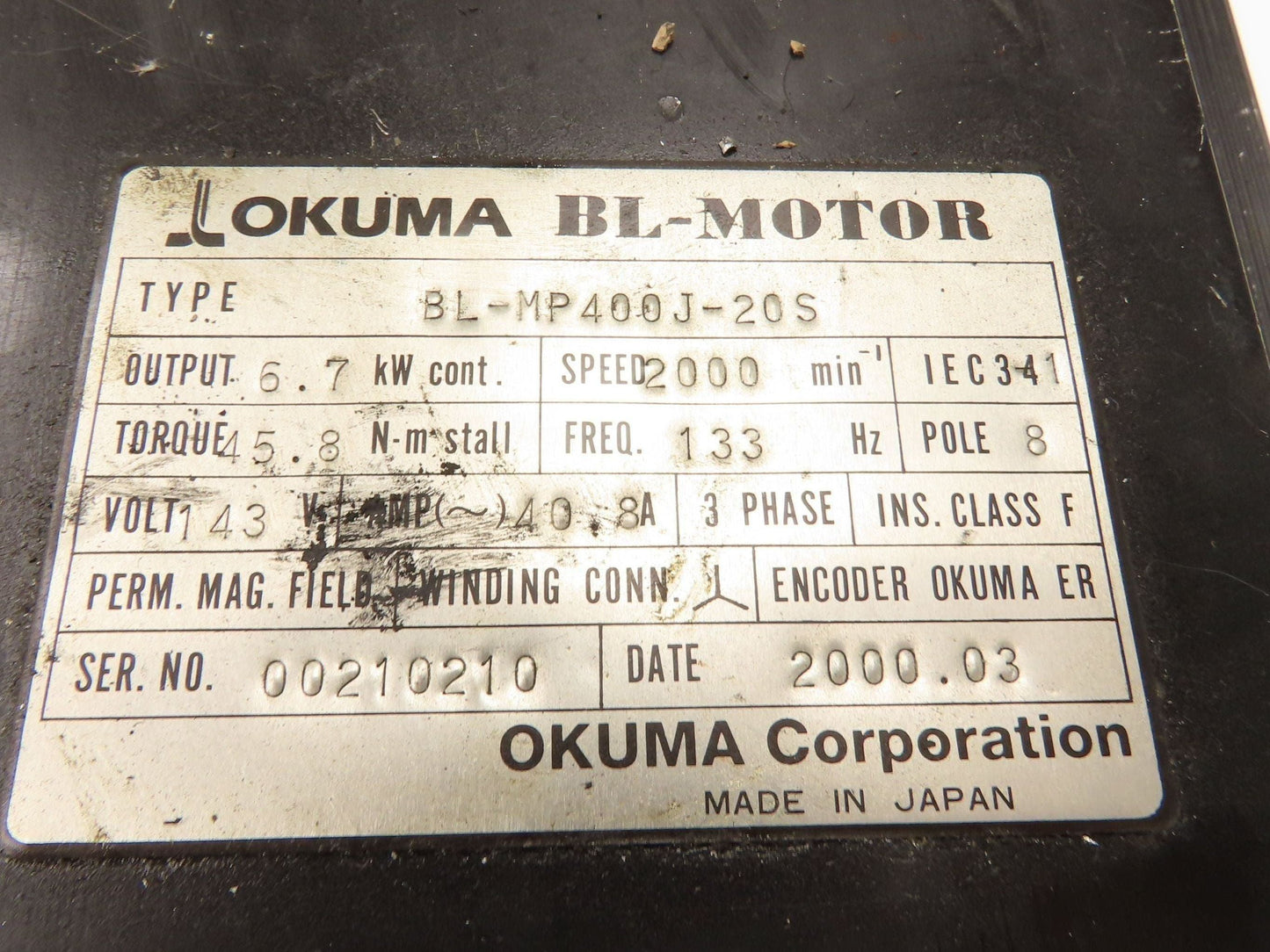 Okuma BL-MP400J-20S AC Servo Motor 6.7kW 2000 RPM 143V 3PH