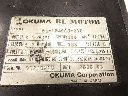 Okuma BL-MP400J-20S AC Servo Motor 6.7kW 2000 RPM 143V 3PH