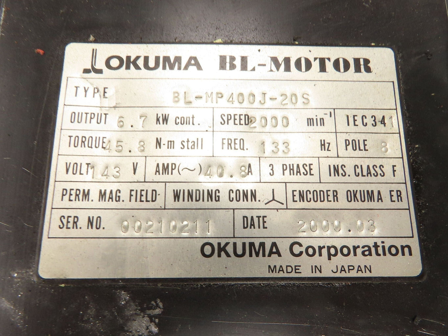 Okuma BL-MP400J-20S AC Servo Motor 6.7kW 2000 RPM 143V 3PH