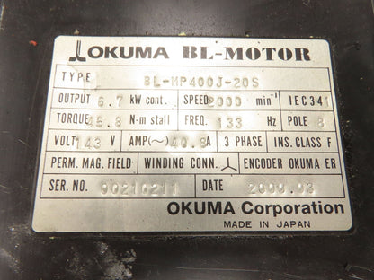 Okuma BL-MP400J-20S AC Servo Motor 6.7kW 2000 RPM 143V 3PH