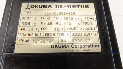 Okuma BL-MC400E-15S AC Servo Motor 6kW 1500 RPM 145V 3PH