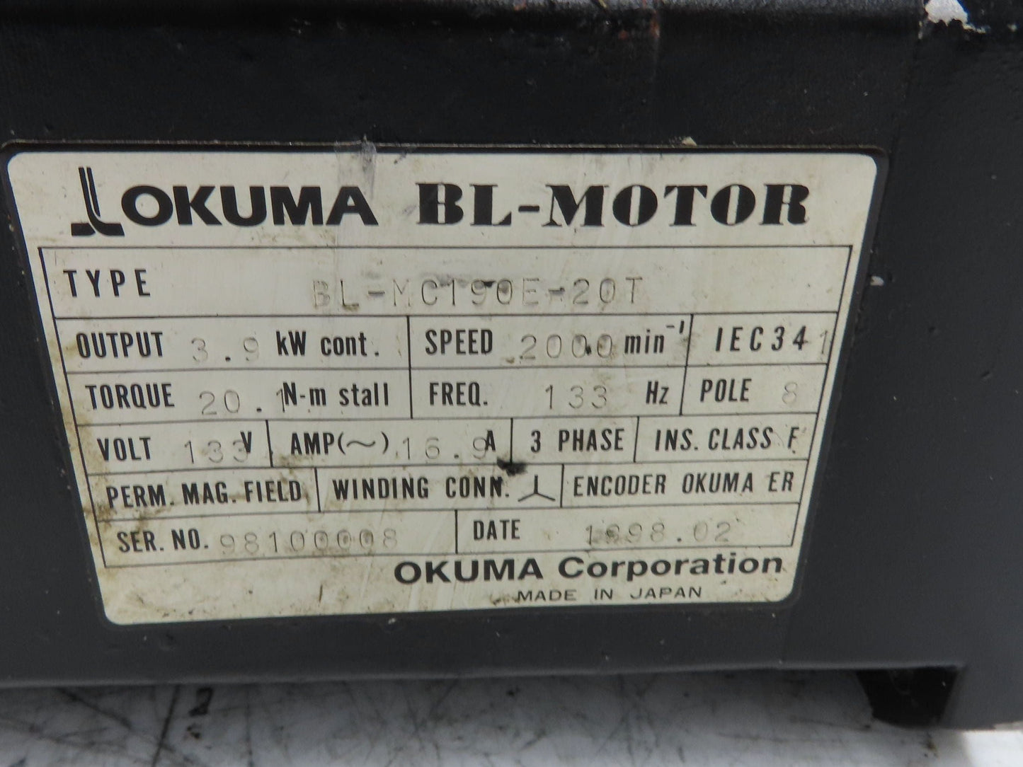 Okuma BL-MC190E-20T AC Servo Motor 3.9kW 2000 RPM 133V 3PH Encoder ER-HC-7200D