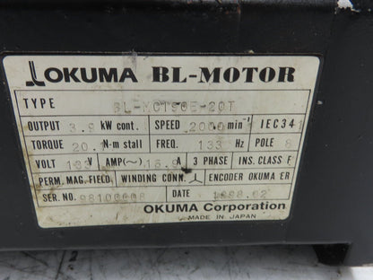 Okuma BL-MC190E-20T AC Servo Motor 3.9kW 2000 RPM 133V 3PH Encoder ER-HC-7200D