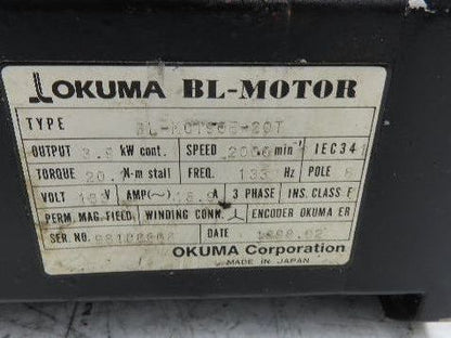 Okuma BL-MC190E-20T AC Servo Motor 3.9kW 2000 RPM 133V 3PH Encoder ER-HC-7200D